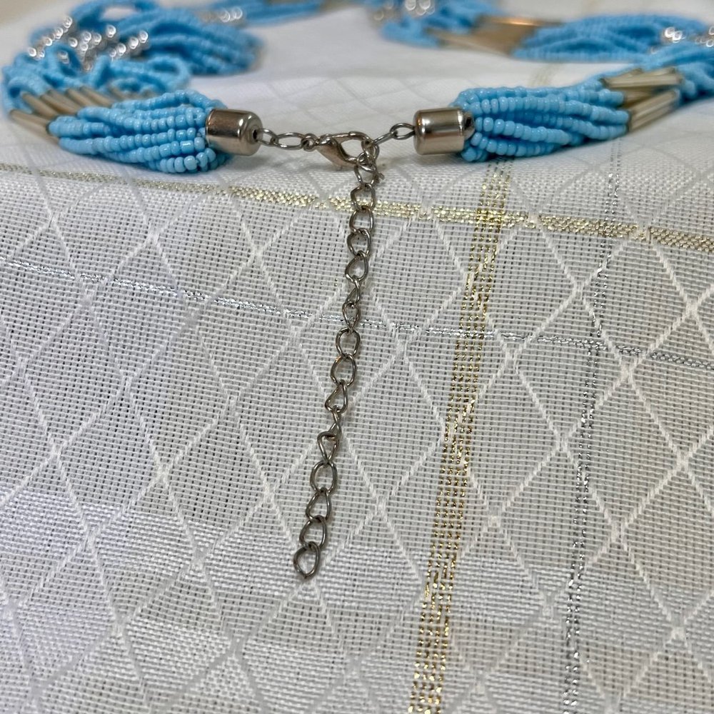 Vintage Native Blue Seed Bead Statement Necklace, Blue Beaded Necklace, Handmade - Picture 9 of 14